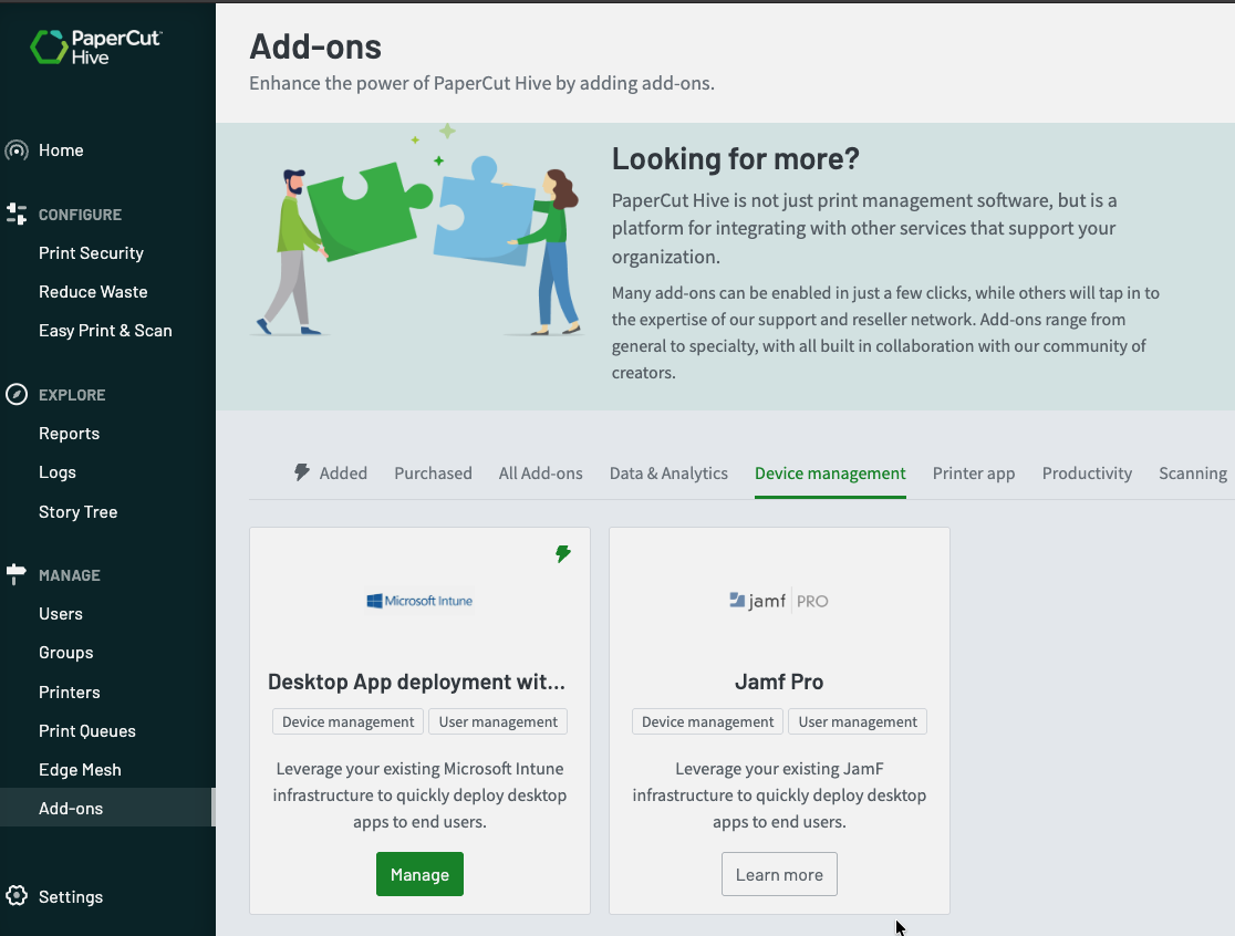 Hive Add Ons, Device Management Tab